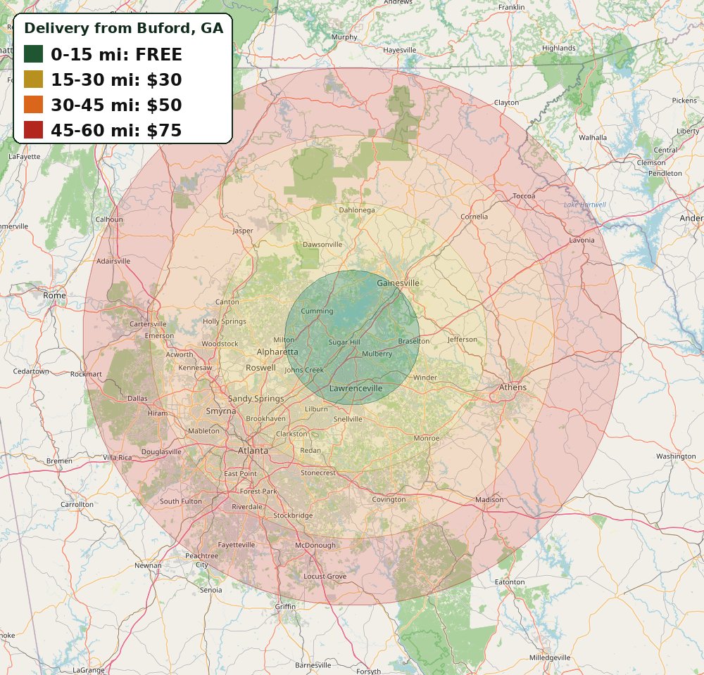 Delivery zone map from Buford, GA: free within 15 miles, $30 for 15 to 30, $50 for 30 to 45, $75 for 45 to 60 miles